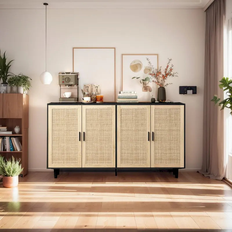 Armoire de rangement décorative en rotin à 4 portes fonctionnelles