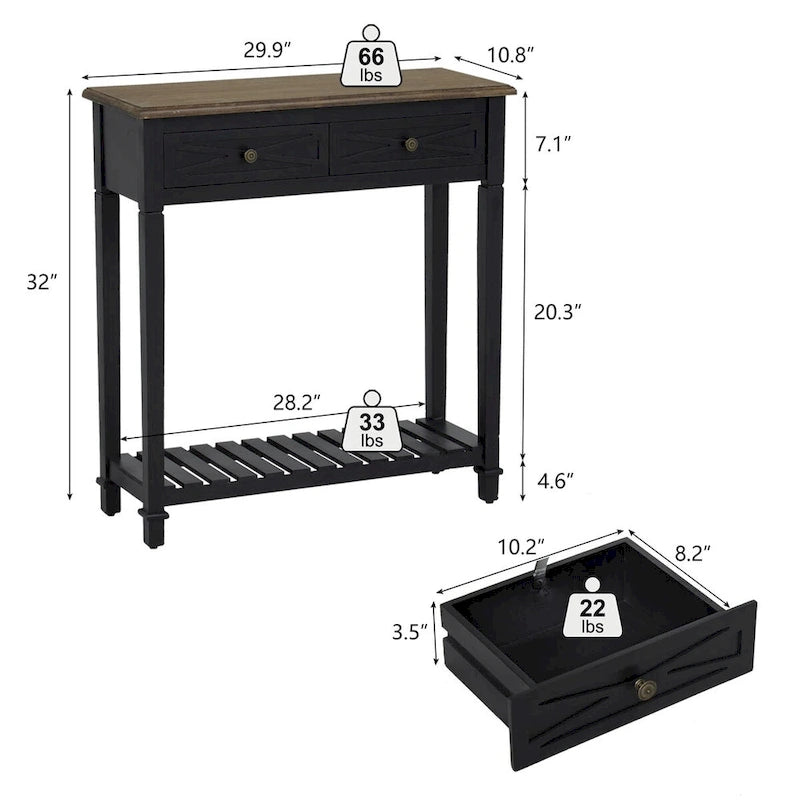 Table console Kinbor avec 2 tiroirs, table de canapé avec étagère de rangement pour entrée, meubles de couloir