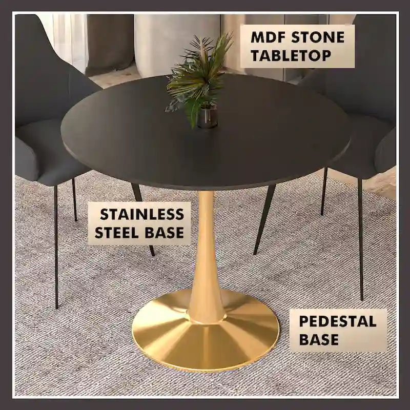 LeisureMod Bristol Table à manger ronde 31 po pour 4 avec plateau en bois MDF et base en acier doré pour cuisine et salle à manger