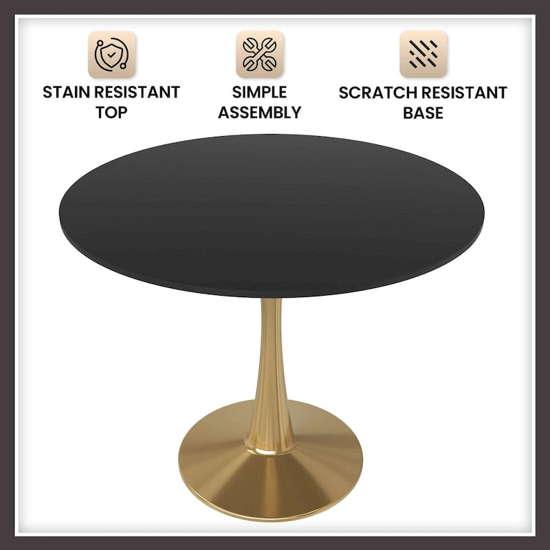 LeisureMod Bristol Table à manger ronde 31 po pour 4 avec plateau en bois MDF et base en acier doré pour cuisine et salle à manger