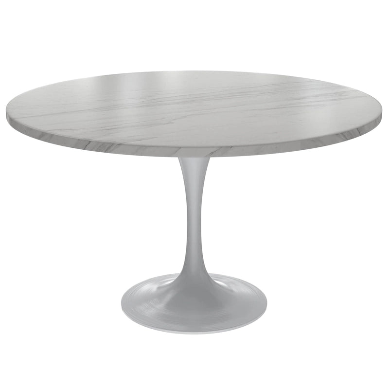 Table à manger ronde LeisureMod Verve 48 avec plateau en pierre et base en acier blanc pour cuisine et salle à manger