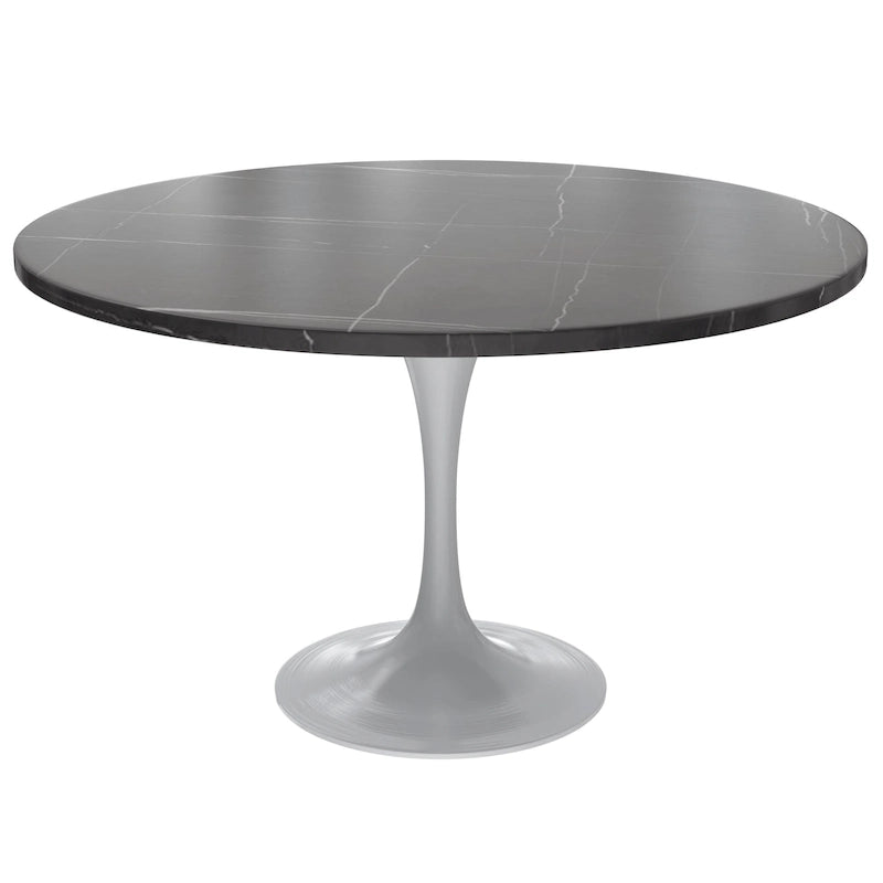 Table à manger ronde LeisureMod Verve 48 avec plateau en pierre et base en acier blanc pour cuisine et salle à manger