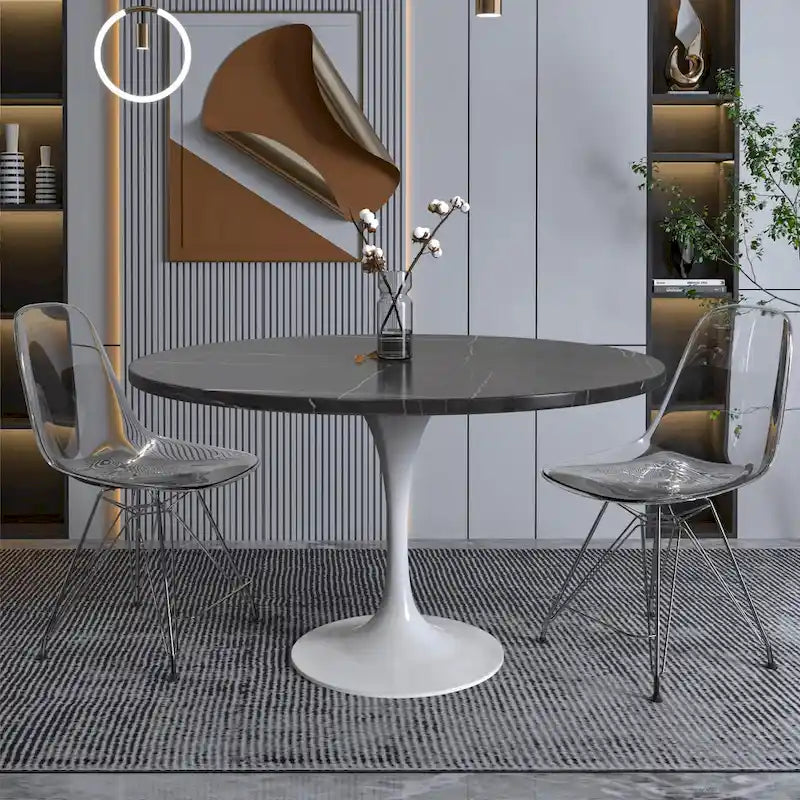 Table à manger ronde LeisureMod Verve 48 avec plateau en pierre et base en acier blanc pour cuisine et salle à manger