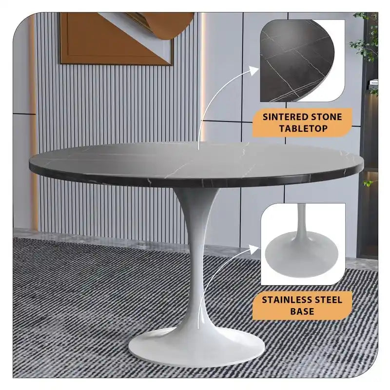 Table à manger ronde LeisureMod Verve 48 avec plateau en pierre et base en acier blanc pour cuisine et salle à manger