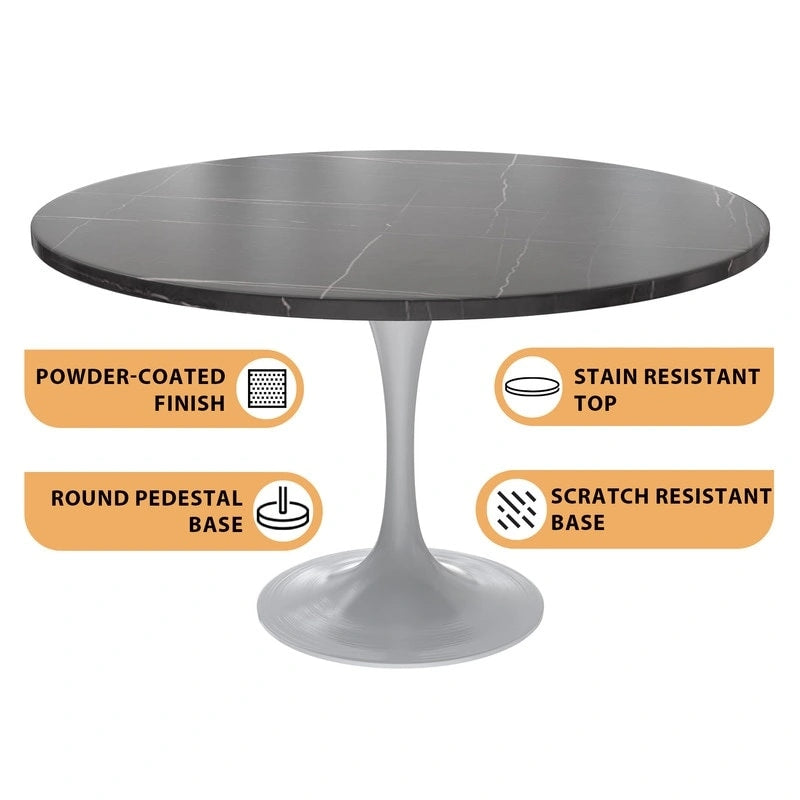 Table à manger ronde LeisureMod Verve 48 avec plateau en pierre et base en acier blanc pour cuisine et salle à manger