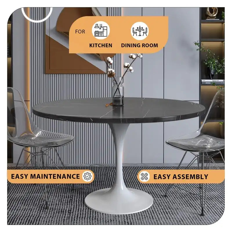 Table à manger ronde LeisureMod Verve 48 avec plateau en pierre et base en acier blanc pour cuisine et salle à manger