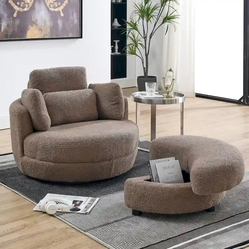 39W Oversized Swivel Chair,moon storage ottoman,Loveseat Circle Swivel Barrel Chairs Cuddle Sofa Lounger Armchair,4 Pillows