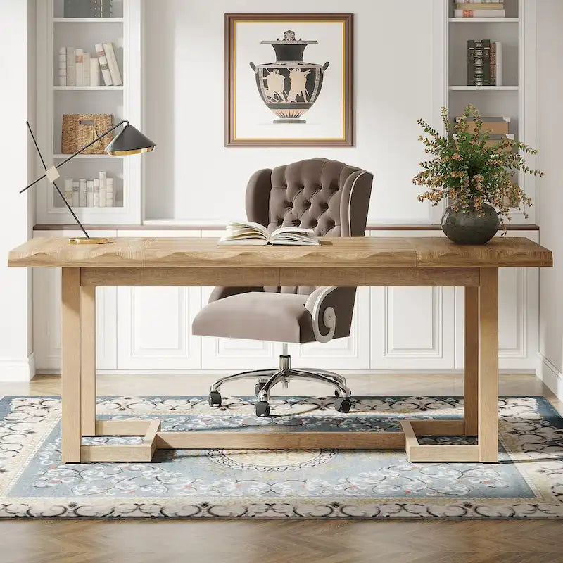 63 Inches Computer Desk, Rectangular Writing Table with Solid Wood Legs and Thickened Desktop