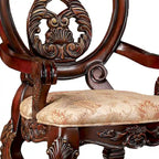 28 Inch Dining Side Chair Set of 2, Brown Wood Carved Back, Beige Fabric