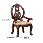 28 Inch Dining Side Chair Set of 2, Brown Wood Carved Back, Beige Fabric