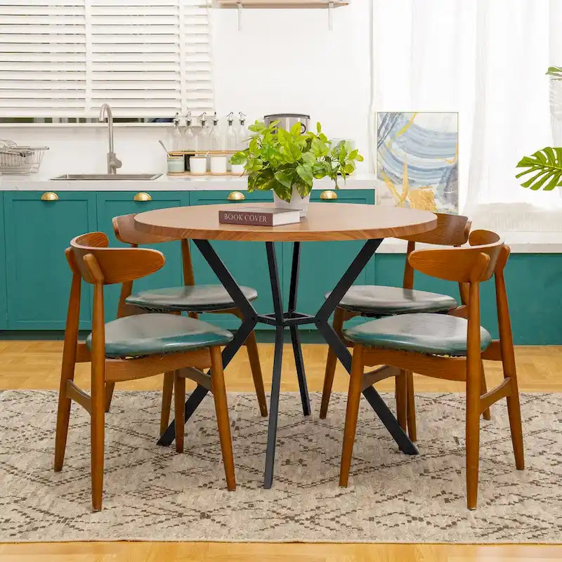 Table de salle à manger ronde Grondin de style ferme moderne de 38,6 po avec plateau en MDF de 1,18 po d'épaisseur et pieds croisés en métal sur piédestal.