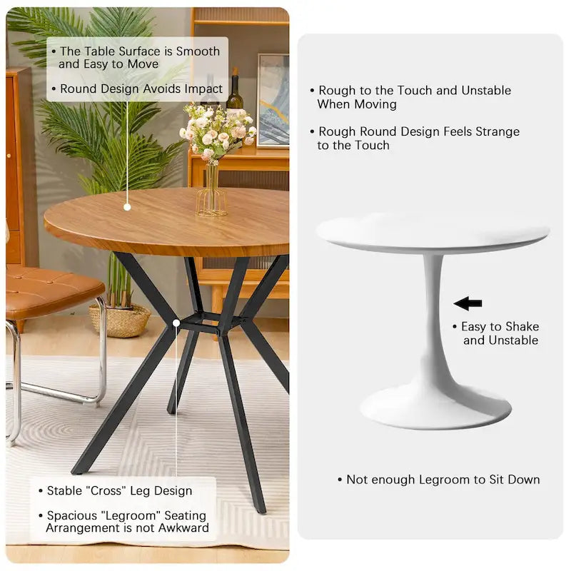 Table de salle à manger ronde Grondin de style ferme moderne de 38,6 po avec plateau en MDF de 1,18 po d'épaisseur et pieds croisés en métal sur piédestal.