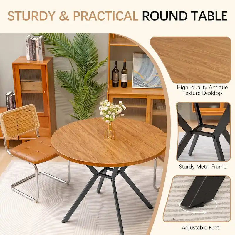 Table de salle à manger ronde Grondin de style ferme moderne de 38,6 po avec plateau en MDF de 1,18 po d'épaisseur et pieds croisés en métal sur piédestal.