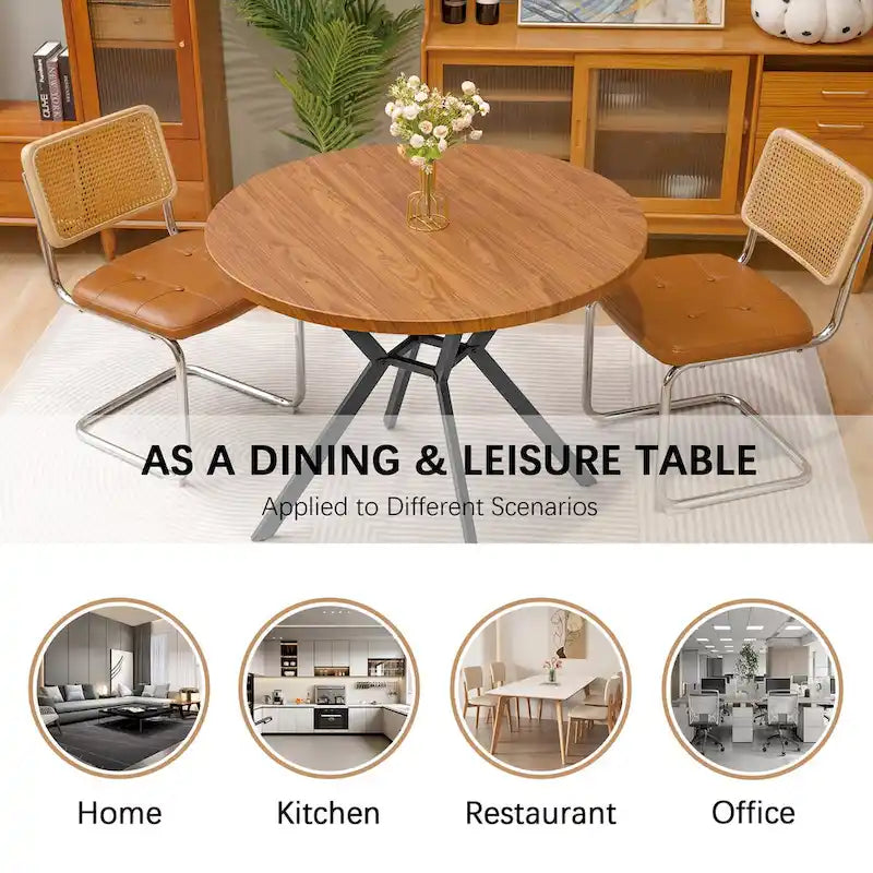 Table de salle à manger ronde Grondin de style ferme moderne de 38,6 po avec plateau en MDF de 1,18 po d'épaisseur et pieds croisés en métal sur piédestal.