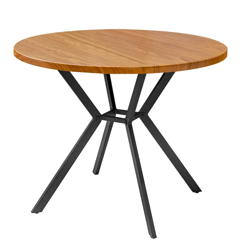 Table de salle à manger ronde Grondin de style ferme moderne de 38,6 po avec plateau en MDF de 1,18 po d'épaisseur et pieds croisés en métal sur piédestal.