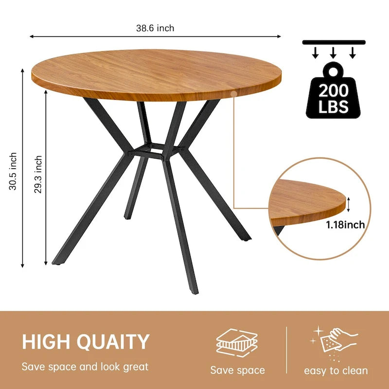 Table de salle à manger ronde Grondin de style ferme moderne de 38,6 po avec plateau en MDF de 1,18 po d'épaisseur et pieds croisés en métal sur piédestal.