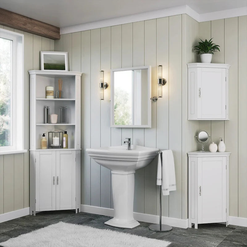Meuble d'angle de salle de bain haut RiverRidge Somerset avec portes et étagère réglable - Blanc