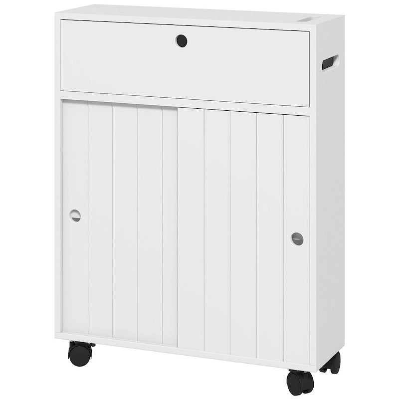 kleankin Meuble WC, Meuble de Salle de Bain Fin avec 4 Roulettes, Petite Armoire de Rangement de Salle de Bain avec Trous pour Papier