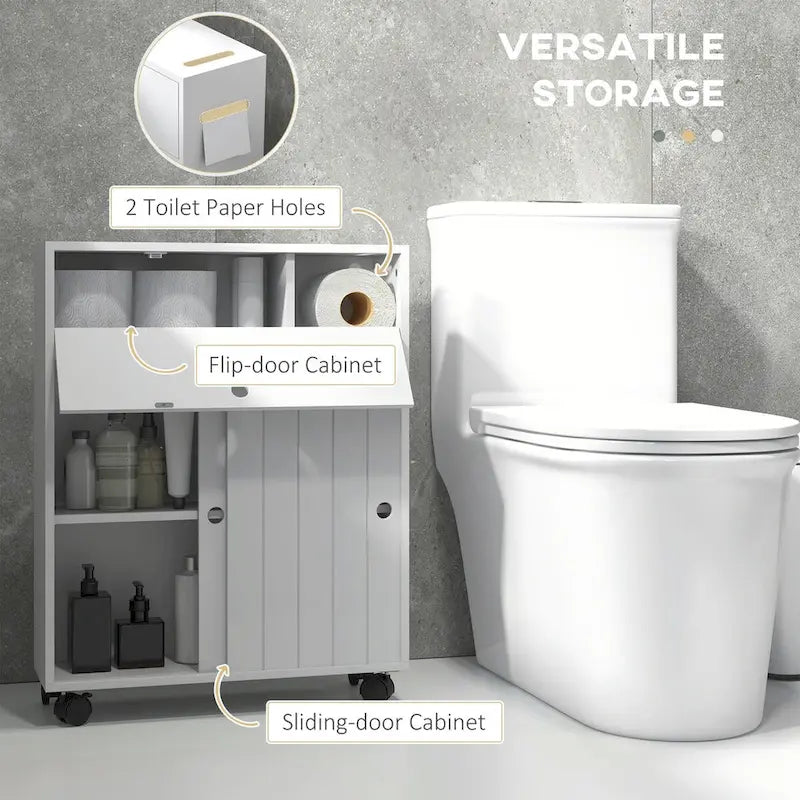 kleankin Meuble WC, Meuble de Salle de Bain Fin avec 4 Roulettes, Petite Armoire de Rangement de Salle de Bain avec Trous pour Papier