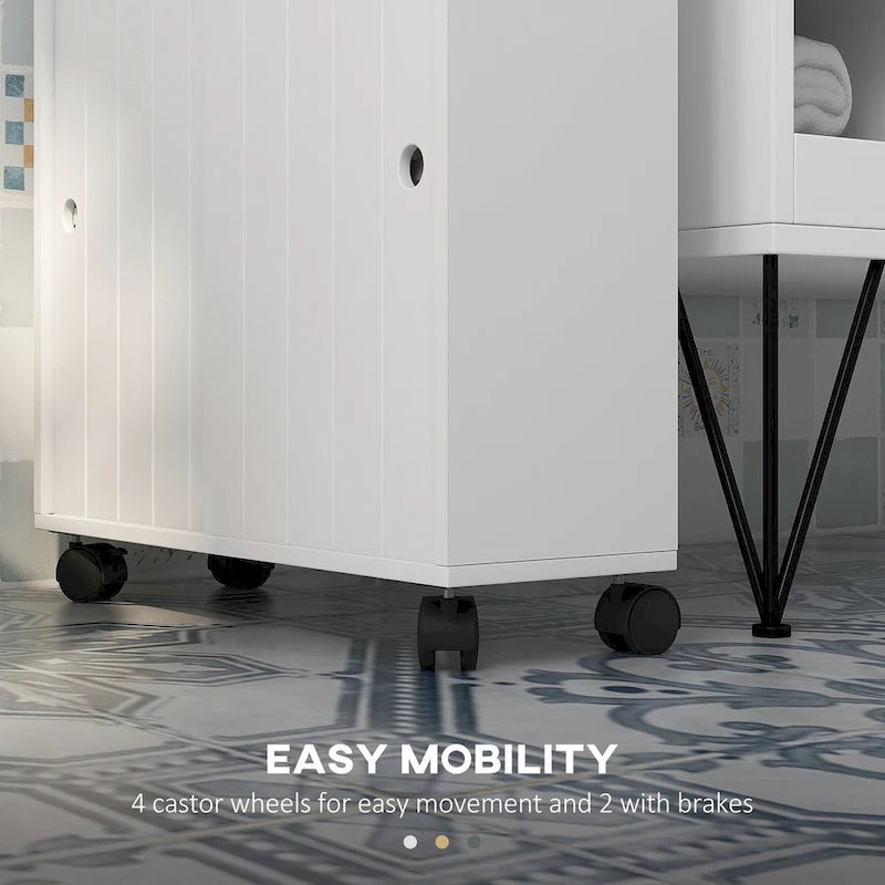 kleankin Meuble WC, Meuble de Salle de Bain Fin avec 4 Roulettes, Petite Armoire de Rangement de Salle de Bain avec Trous pour Papier