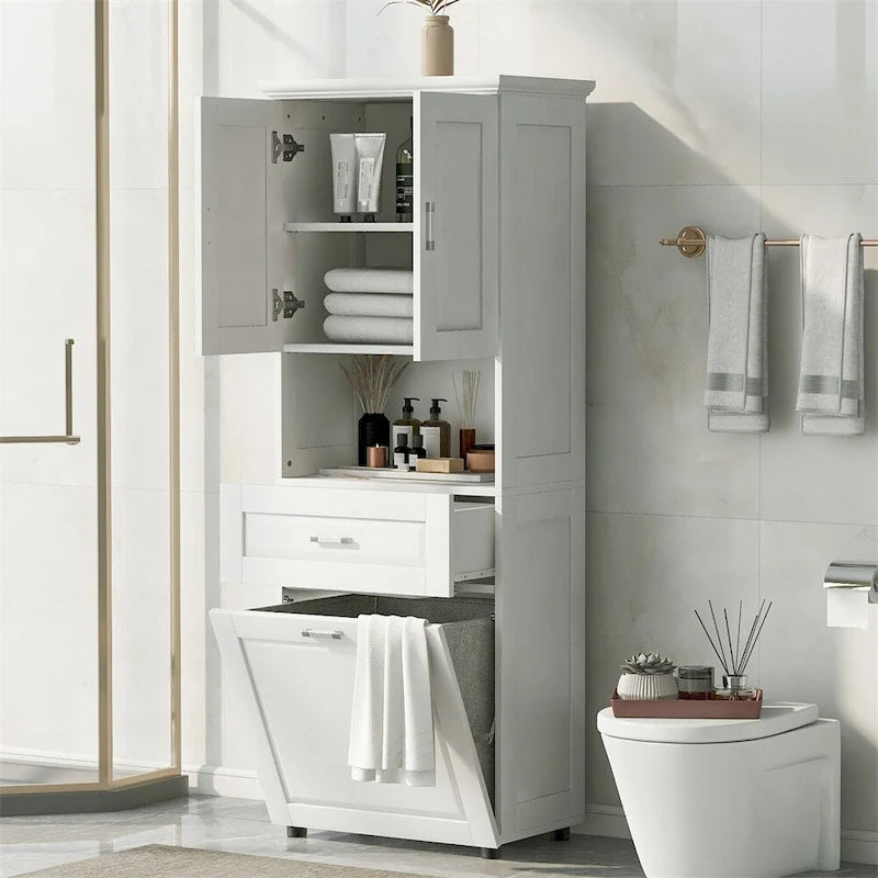 Meuble Colonne de Salle de Bain avec Panier à Linge, Grand Espace de Rangement