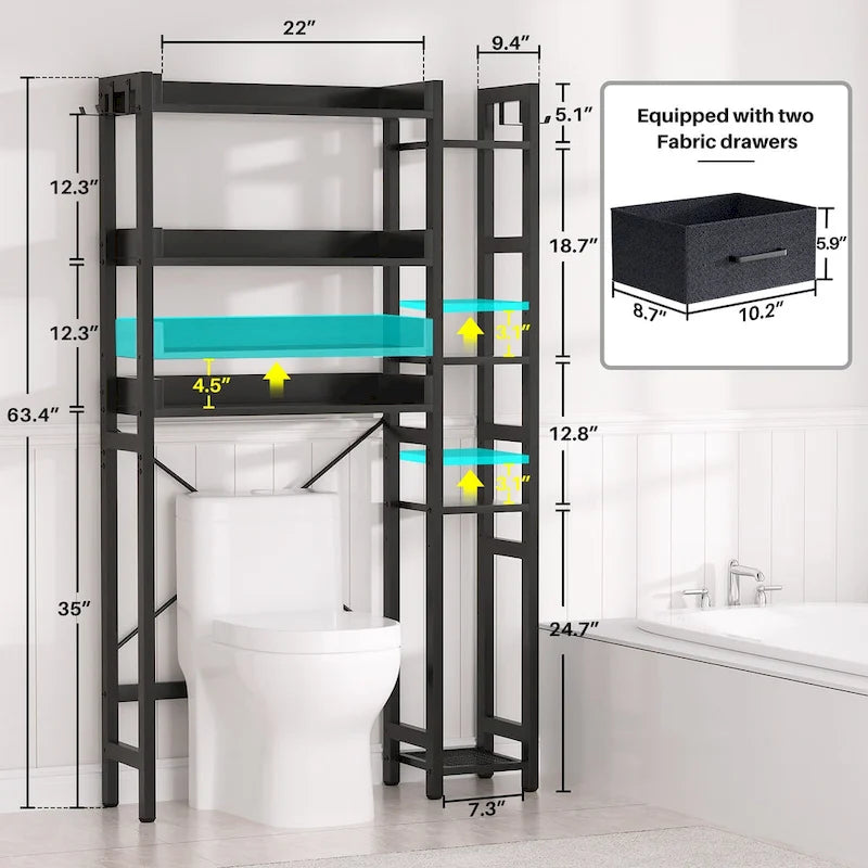 31 W Over the Toilet Storage Shelf with 2 Drawers and 4 Hooks for Restroom and Laundry