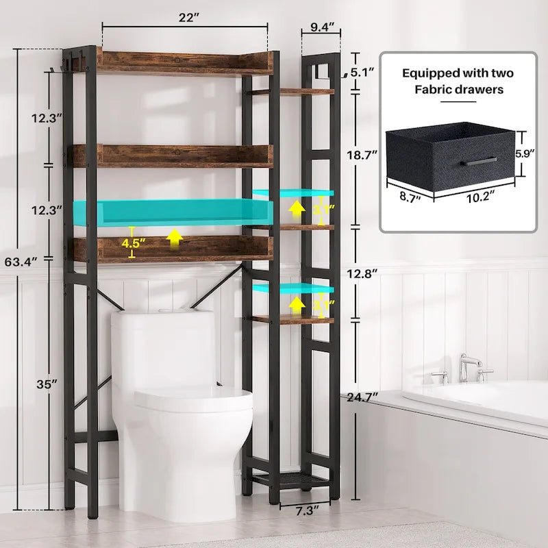 31 W Over the Toilet Storage Shelf with 2 Drawers and 4 Hooks for Restroom and Laundry