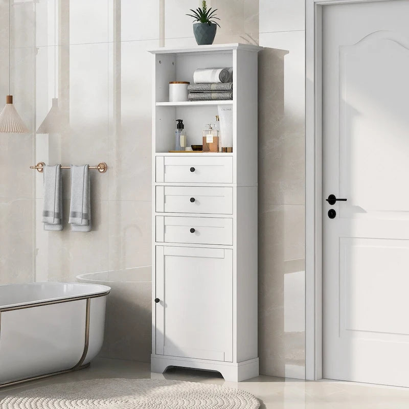 Meuble de salle de bain autoportant de 173 cm de haut avec 3 tiroirs et étagères réglables