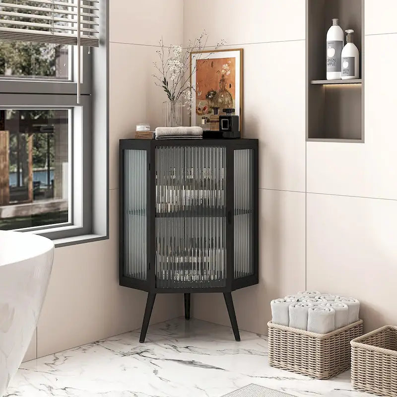 22.25 Floor Corner Cabinet with Glass Door & Adjustable Shelf