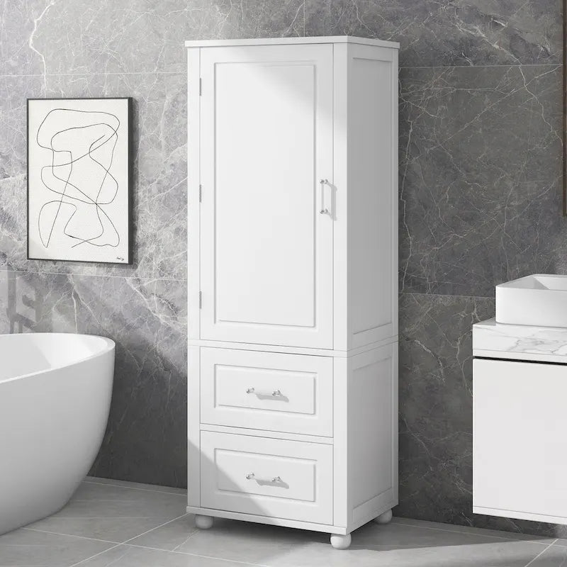 61 Armoire de salle de bain haute en bois à 1 porte avec tiroirs et étagères réglables