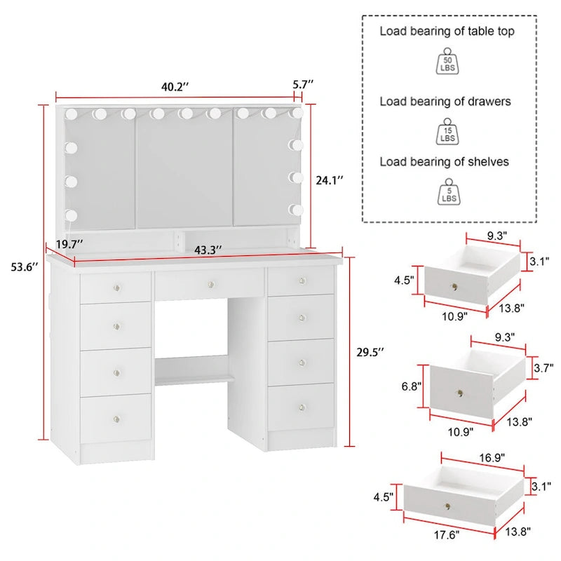 3-Mirror Vanity Table Stylish 9-Drawer Makeup Organizer Dressing Desk