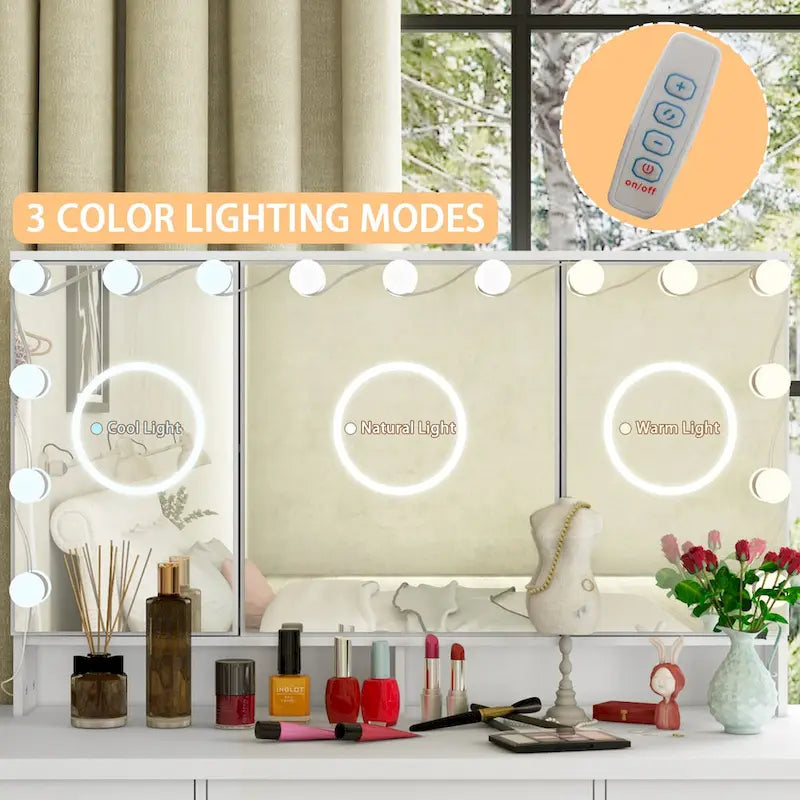 3-Mirror Vanity Table Stylish 9-Drawer Makeup Organizer Dressing Desk
