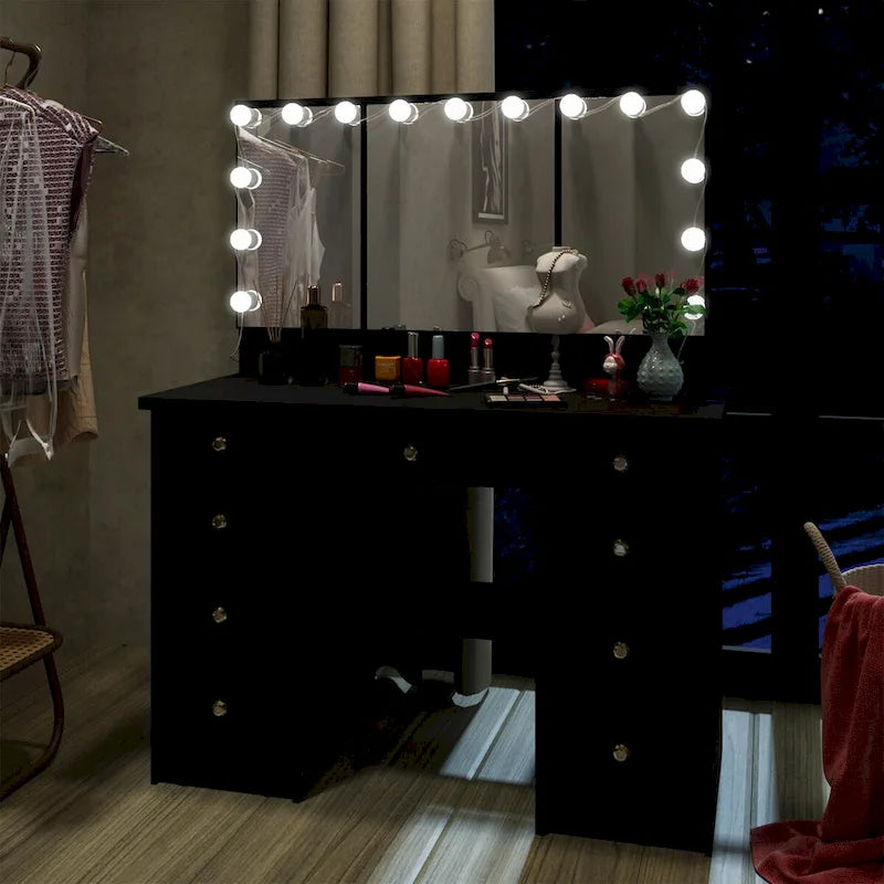 3-Mirror Vanity Table Stylish 9-Drawer Makeup Organizer Dressing Desk