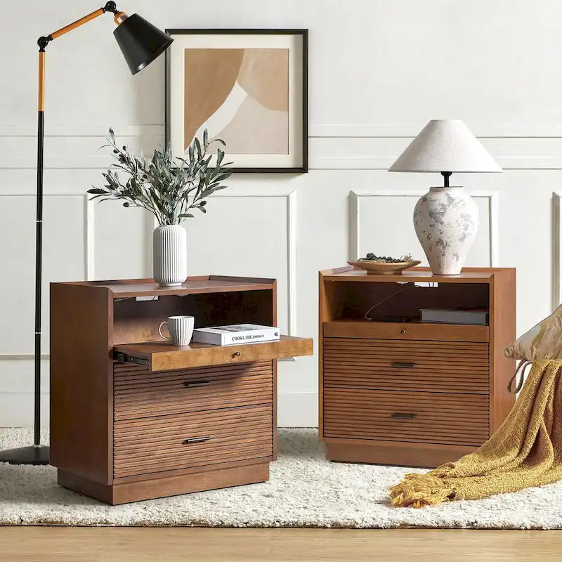 Table de chevet du milieu du siècle Lorenz avec USB et lumière LED, lot de 2 par HULALA HOME
