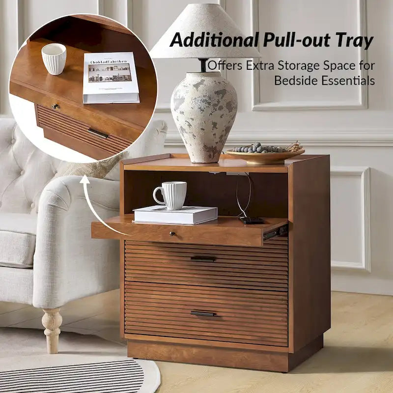 Table de chevet du milieu du siècle Lorenz avec USB et lumière LED, lot de 2 par HULALA HOME