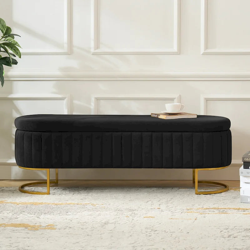 Banc de rangement rembourré Sara Mid-Century Modern avec grille interne et pieds en métal par HULALA HOME