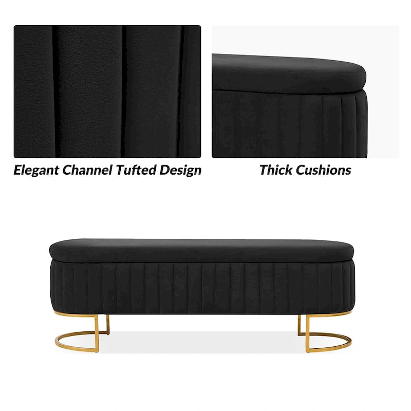 Banc de rangement rembourré Sara Mid-Century Modern avec grille interne et pieds en métal par HULALA HOME