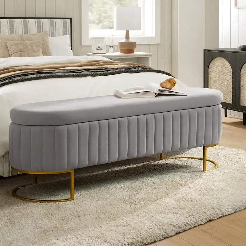 Banc de rangement rembourré Sara Mid-Century Modern avec grille interne et pieds en métal par HULALA HOME