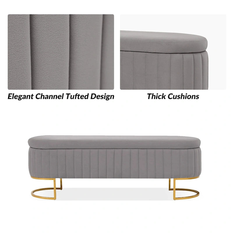 Banc de rangement rembourré Sara Mid-Century Modern avec grille interne et pieds en métal par HULALA HOME