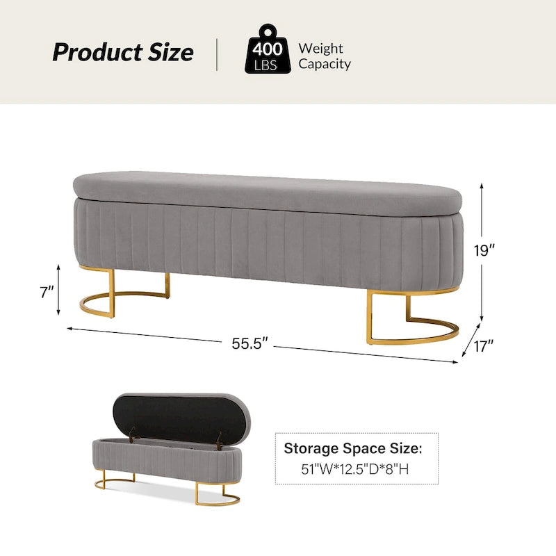 Banc de rangement rembourré Sara Mid-Century Modern avec grille interne et pieds en métal par HULALA HOME