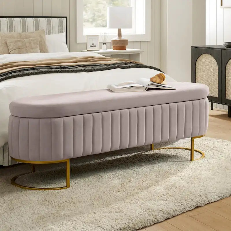 Banc de rangement rembourré Sara Mid-Century Modern avec grille interne et pieds en métal par HULALA HOME