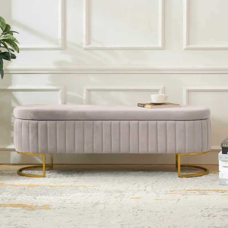 Banc de rangement rembourré Sara Mid-Century Modern avec grille interne et pieds en métal par HULALA HOME