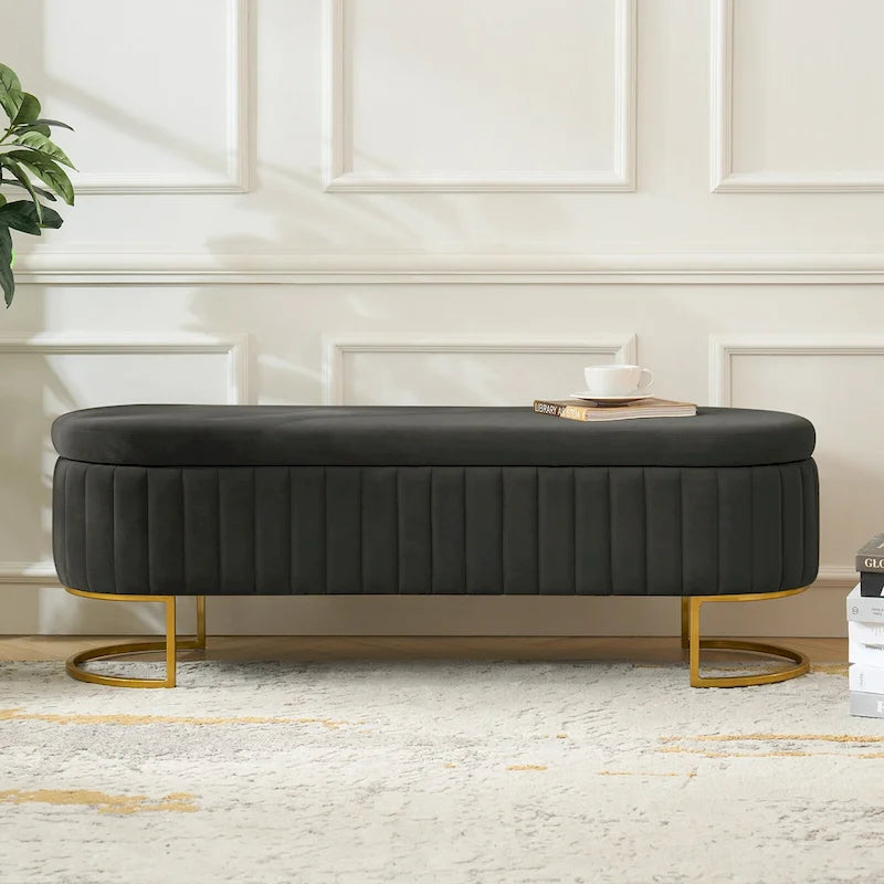 Banc de rangement rembourré Sara Mid-Century Modern avec grille interne et pieds en métal par HULALA HOME