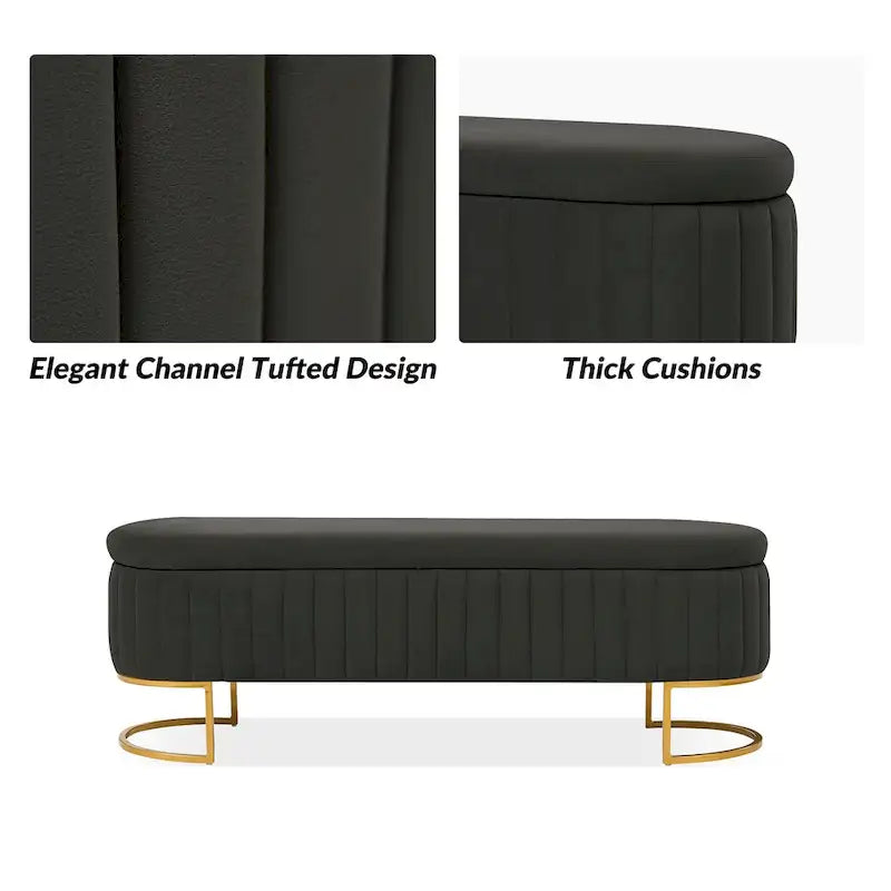 Banc de rangement rembourré Sara Mid-Century Modern avec grille interne et pieds en métal par HULALA HOME