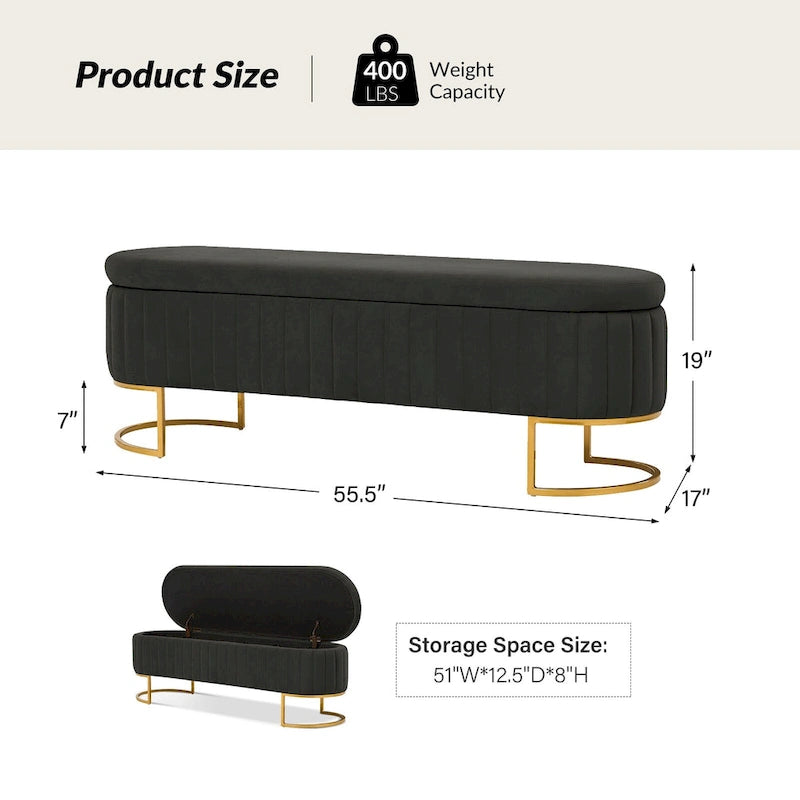 Banc de rangement rembourré Sara Mid-Century Modern avec grille interne et pieds en métal par HULALA HOME