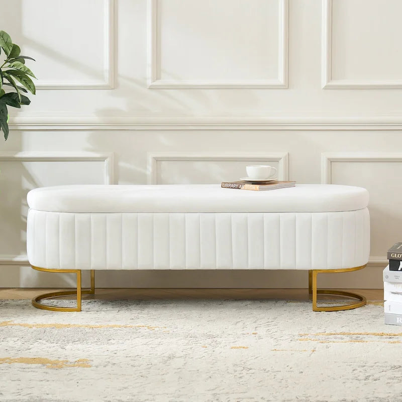 Banc de rangement rembourré Sara Mid-Century Modern avec grille interne et pieds en métal par HULALA HOME