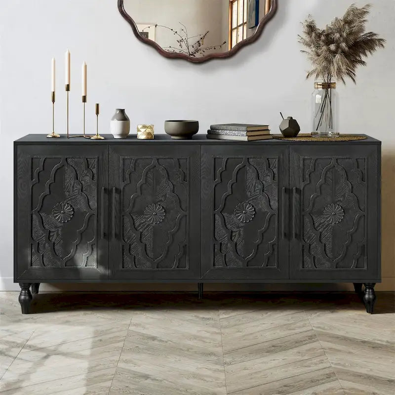 Carved Flower Door Large Storage Cabinet with Metal Handle