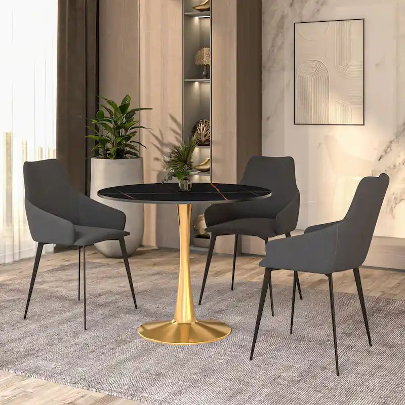 Table de salle à manger ronde Bristol 31 pour 4 personnes avec plateau en pierre frittée et base en acier doré pour cuisine et salle à manger