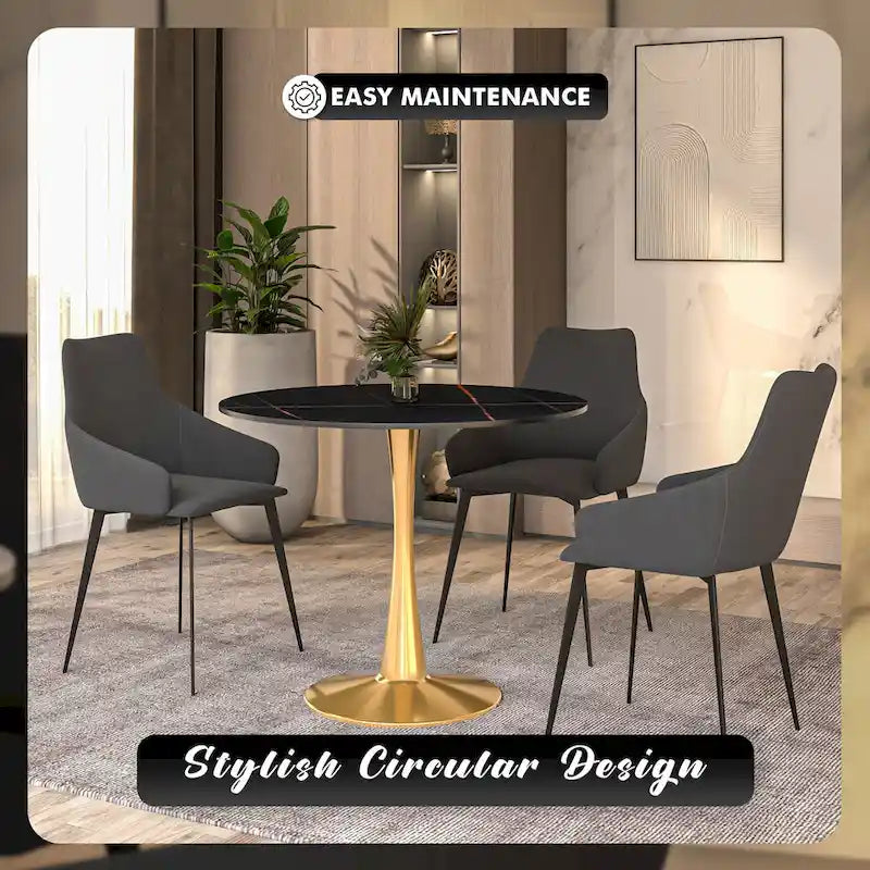 Table de salle à manger ronde Bristol 31 pour 4 personnes avec plateau en pierre frittée et base en acier doré pour cuisine et salle à manger