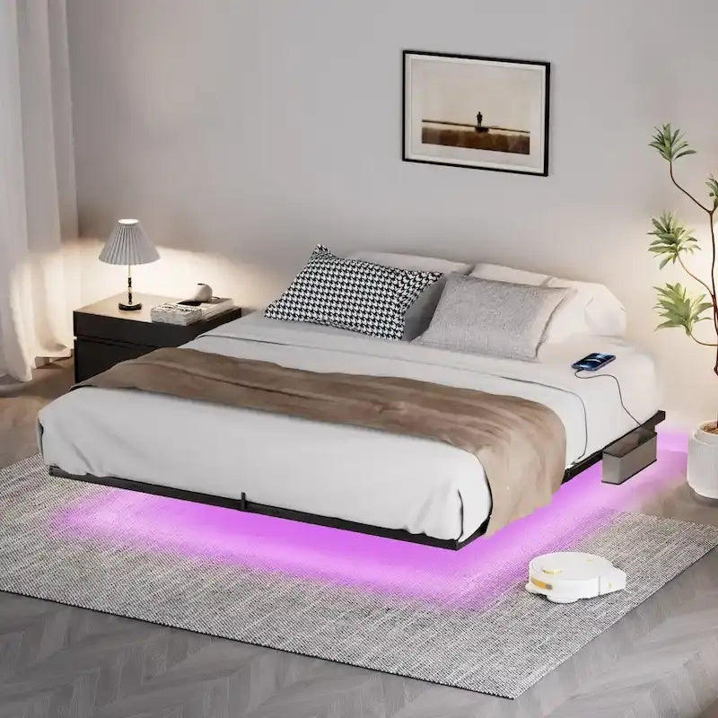 Cadre de lit flottant King Size avec lumières LED et station de charge - Plateforme en métal